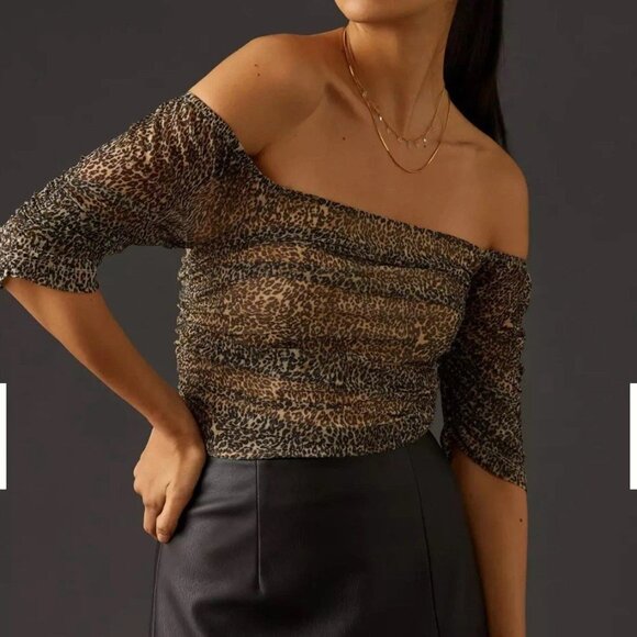 ANTHROPOLOGIE Brown & Cream Leopard Print Off the Shoulder Shirred Mesh … - Picture 1 of 8